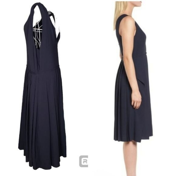 Lewit Sleeveless Navy Night Pleated Fit & Flare V Neck Dress Size 14 - Picture 2 of 7
